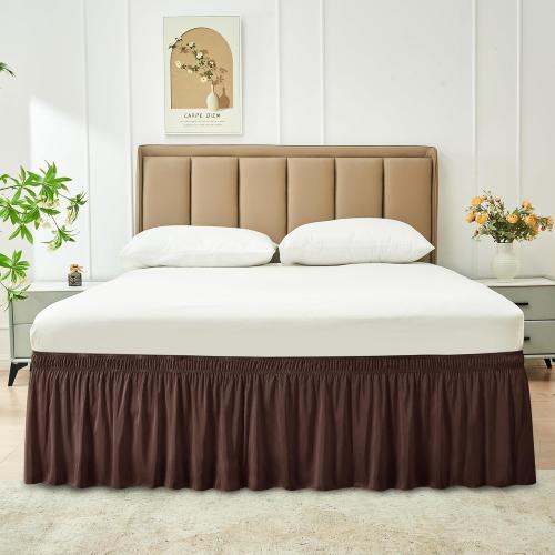Biscaynebay Wrap Around Bed Skirts for Queen Beds 17 Long Drop, Brown*** Adjustable Elastic Dust Ruffles Easy Fit Wrinkle & Fade Resistant Silky Luxurious Fabric Solid Machine Washable Queen size