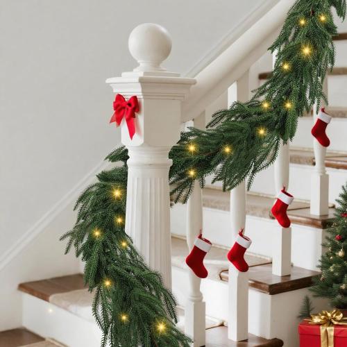 Norfolk Pine Garlands with Light ，Pre-Lit Christmas Garland,Dense Norfolk Pine Real Touch Garlandfor Table, Mantle, Staires, Wall, Premium Indoor/Outdoor Christmas Decorations (2, 6ft)