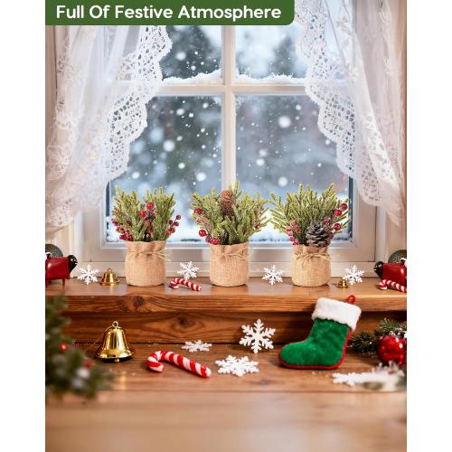 Velener Artificial Christmas Flowers for Outdoor-3 Pcs Faux Pine Branches with Red Berries & Pinecones, Fake Christmas Greenery Stems with Burlap Bag Vase, Winter Norfolk Pine Branches for Indoor