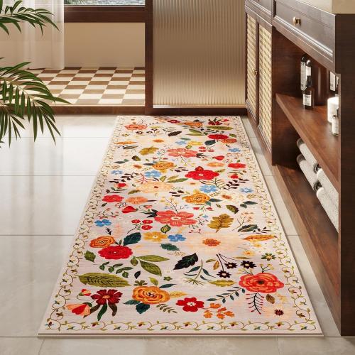 Floral Kitchen Runner Rug, 24 x 72 inches, Low Pile Cotton Blend, Water Resistant, Beige