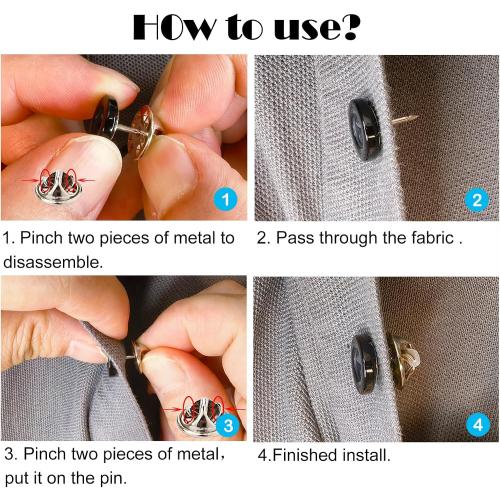 ZLMCUJE 10 Sets 15mm(3/5) 4-Hole Black Resin Button,Safety Pins,No Sewing,No Tool,Reusable for Clothes(Shirts,Cardigans,Pants,ect.) DIY Crafts