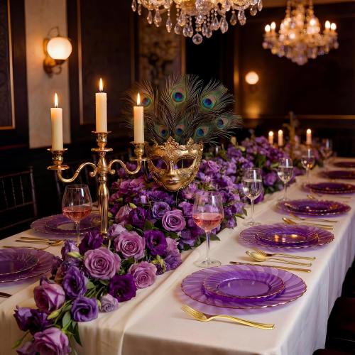 YOUBET 125PCS Purple Plastic Dinnerware Set - Gold and Clear Purple Disposable Plates Include 50 Plastic Plates 75 Silverwares for Wedding Birthday Parties & Party