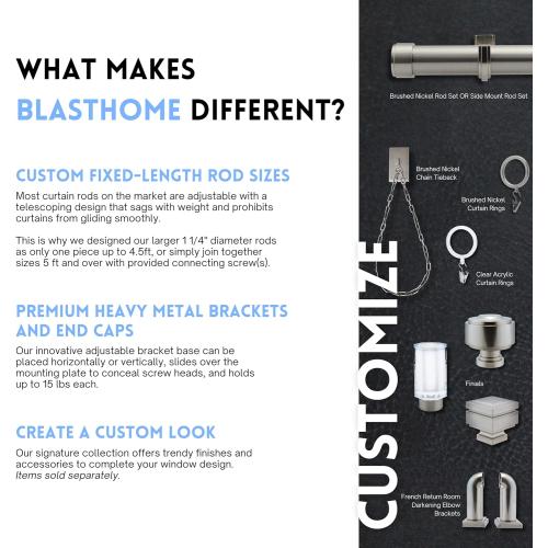 BlastHome® Non-Adjustable Luxury Curtain Rods for Windows, 1 ¼” Rod Set, 4 foot Fixed Length, Brushed Nickel