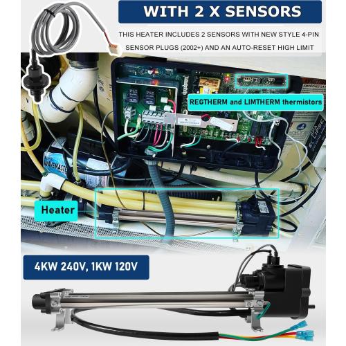 Camoo 26-C3160-2S Double-Barrel Low-Flow Heater Assembly 4.0KW for Watkins/Hot Spring/Tiger River/Hot Spot/Caldera/Laing tri-Bend Heater, 1.0/4.0KW 120/240 Volt, Replace C3160-2S, 73039, 73791, Black
