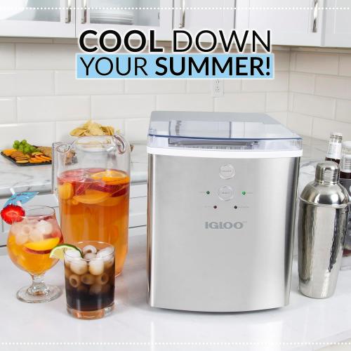 Igloo Electric Countertop Ice Maker Machine - Automatic and Portable - 33 Pounds in 24 Hours - Icecube Maker - Plastic Scoop and Basket - Ideal for Iced Coffee and Cocktails - Stainless Steel