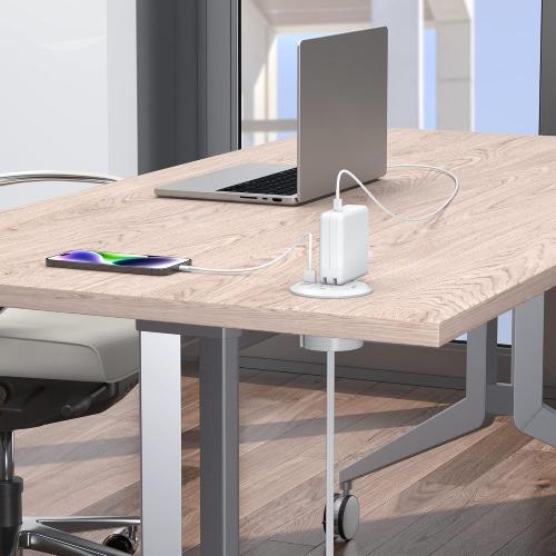 Jgstkcity 2-in-1 Desktop Power Grommet with USB-C Output, 125V, 12A, 2 AC Outlets, 3 USB Charging Ports, White