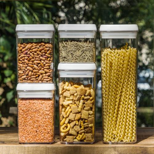 Felli Flip Tite Storage Container with Lid 4 Airtight Ring Seal Top, Stackable Acrylic Canister Jar Set for Kitchen Pantry Organizer, Food Spice Pasta Snack (5pk, Variety)