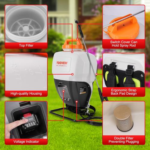 Toovem 4 Gallon Battery Powered Backpack Sprayer - Electric Garden Sprayer with 18V Strong Battery, Automatic Pressurization, 4 Nozzles, Comfortable Design for Lawn, Garden, Farms & Orchards Spraying