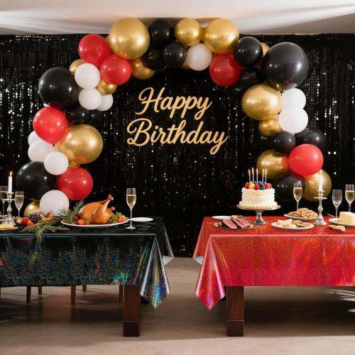 4Pcs Red and Black Holographic Tablecloths Rectangular Black Iridescent Tablecloth Shimmer Metallic Red Table Covers for Halloween Retirement Family Gatherings Christmas Party Supplies, 54 x 108Inch