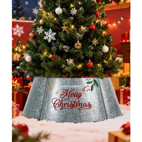 Putuo Decor Galvanized Christmas Tree Collar for 6-7.5 Ft Trees Metal Adjustable Stand Cover with Printed Merry Christmas Farmhouse Decor for Artificial Trees, 27 in Silver