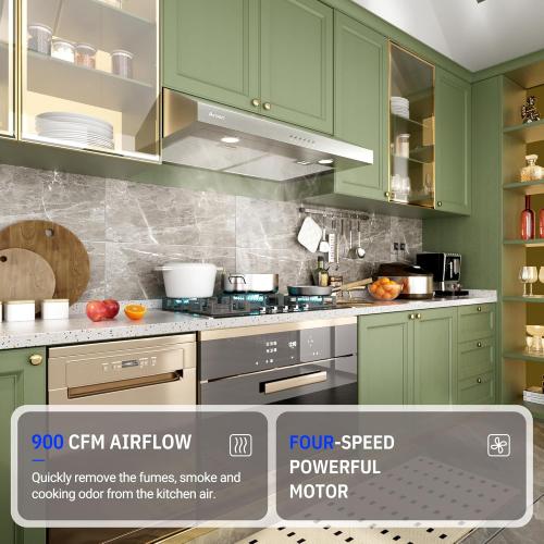 AROAN 30 inch Under Cabinet Range Hood with 900 CFM, Slim Stainless Steel Vent Hood for Kitchen with 4 Speed Soft Touch Switch, Reusable Aluminum Mesh Filters, Adjustable LED Lights (ANC02-30A)