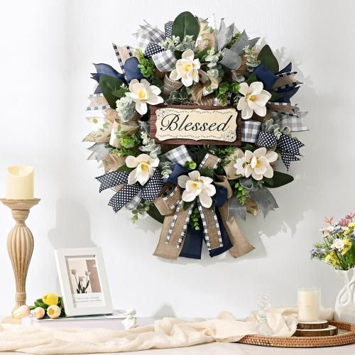 Waipfaru 22 Inch Spring Summer Wreath, Magnolia Wreaths for Front Door with Eucalyptus & Blue Grey Burlap Bow, Year Round Wreaths for Porch Farmhouse Patio Door Decor All Season (1 Pcs)