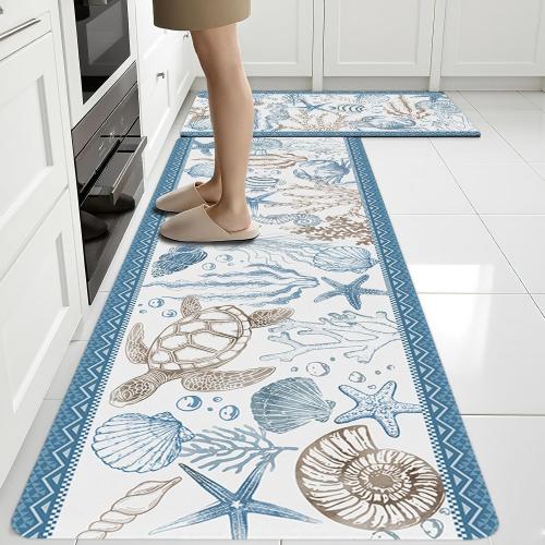 Coastal Rugs for Kitchen Floor, Beach Anti Fatigue Mats for Kitchen Floor Non Slip, 2PCS Rubber Ocean Coral Kitchen Mat, Washable Cushioned Runner Carpet for Sink Laundry 15.7×27.5  15.7×47 3.5mm