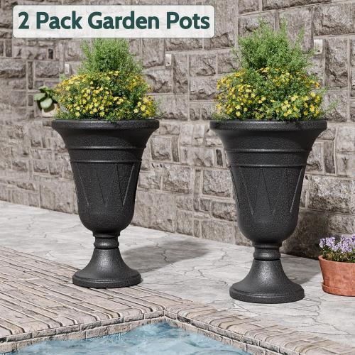 Tall Plastic Urn Planters and Pedestal - 24 Outdoor Planter Black | Weather-Resistant Plastics HDPE with Drainage Holes, Modern Trophy Design Vase, Large Flower Pot Porch Door, Set of 2
