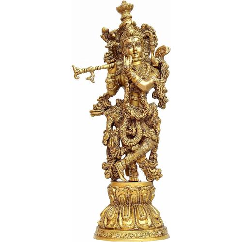 QT S Krishna Brass Statue Antique Krishna Statues Brass Kishan Krishna Murti Idol Statue Sculpture Krishna God of Compassion Tenderness & Love Handmade in Nepal