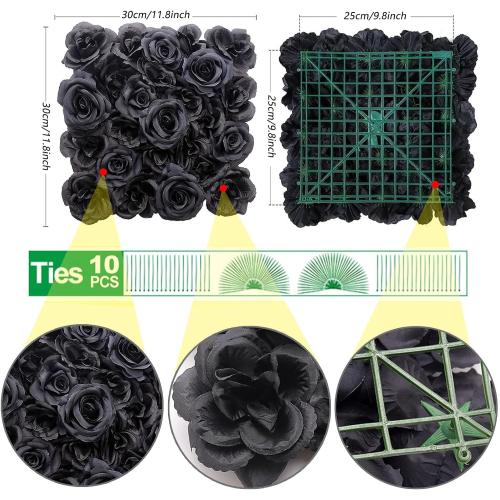 Black Silk Rose Flower Panels Wall, 12 Pcs Artificial Flowers Decoration for Welcome Table, Party, Anniversary, Church Wall, Stage Background, 25x25cm