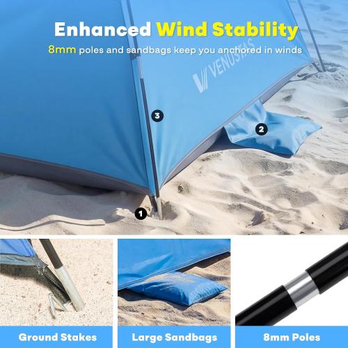 Venustas Beach Tent Sun Shelter for 3/4/6/8 Person, UPF 50  UV Protection Beach Canopy, Lightweight and Easy Setup Cabana, Portable Shade Tent