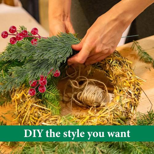 Watayo 45 Pcs Christmas Artificial Pine Branches with Red Berry Stems, 10.5 Faux Evergreen Norfolk Pine Cypress Leaves Stems, Fake Foliage Pine Needles Picks for DIY Craft Garland Home Decor