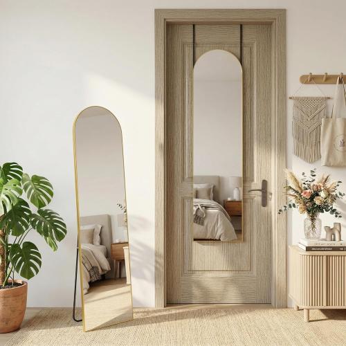 Antok Full Length Mirror, 56x15 Floor Mirror with Stand, Hanging Mounted Mirrors for Bedroom, Living Room, Cloakroom, Dining Room, Gold, Arch