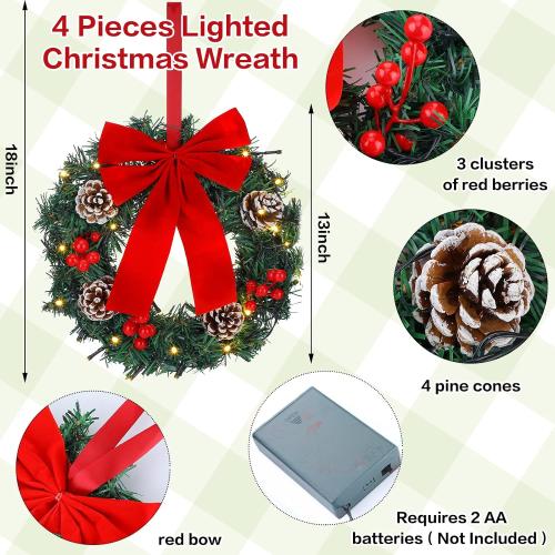 4 Pcs Lighted Christmas Wreaths, 12 Inch Pre Lit Small Xmas Wreath with Large Bow, Pine Needle Wreath with LED Lights Battery Operated Xmas Ornaments for Front Door Wall Christmas Party Decor(Red)
