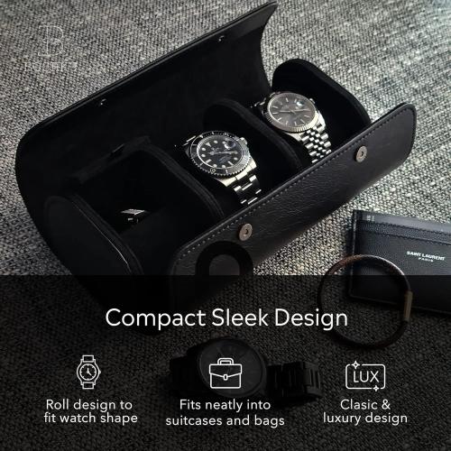 BOSHKU Leather Watch Roll Travel Case – Watch Travel Case for Men – Travel Watch Cases for Men – 3 Watch Case Travel – Black Watch Roll Case – Leather Watch Case Travel – Watch Leather Travel Case