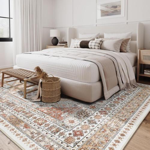 zesthome 8x10 Area Rugs for Living Room,Non-Slip Backing Washable Rugs,Vintage Large Area Rug，Stain Resistant Home Decor Rug (Orange,8'x10')