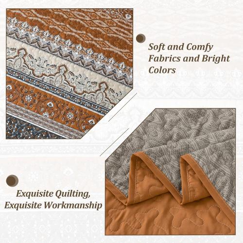 WONGS BEDDING Boho Queen Quilt Set, Brown and Grey Bohemian Quilt Bedding Set, Fall Lightweight Bed Decor Bedspread for All Season Reversible Microfiber Coverlet Bedding Set 96x90(3 Pieces)