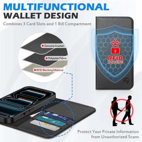 SHIELDON Genuine Leather Wallet Case for iPhone 17 6.3-inch 5G 2025 | Flip Magnetic Cover | Kickstand | RFID Blocking | 3 Credit Card Holder | Shockproof | Soft Inner Phone Case | Black