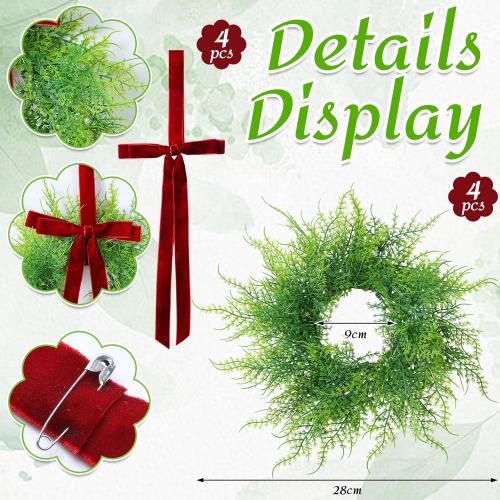 XunYee 4 Pack Small Christmas Wreath for Cabinet Home Kitchen Whimsical Decor with Velvet Bow 11 Persian Grass Lime Green Green Fern Mini Wreaths for Xmas Home Candle Window Chair Fence Decor