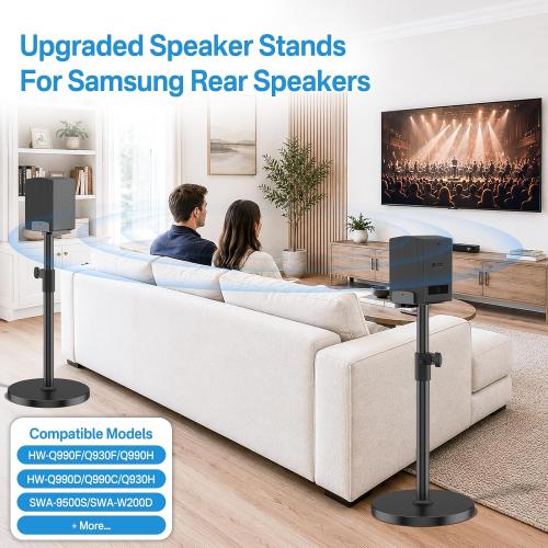 Heavy Duty Speaker Stand Pair for Samsung HW-Q990H/Q990F/Q930F/Q990D/Q930D/Q990C, Height Extend 29–37.5 Speakers Stand, Dual Side Clamp Fits 5–11 Samsung Rear Speaker Stands, Built-in Cable Mgmt