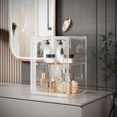 2Pack Makeup Organizer Storage, Large Capactiy Acrylic Bathroom Organizer, Clear Cosmetics Organizer Bins with Division Board for Vanity, Skincare, Countertop Storage and Display Case