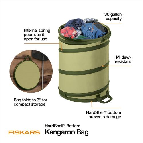 Fiskars Kangaroo Collapsible Garden Bag with Heavy Duty Hardshell Bottom for Leaf and Yard Waste, 30-Gallon Reusable Container for Lawn Care and Gardening