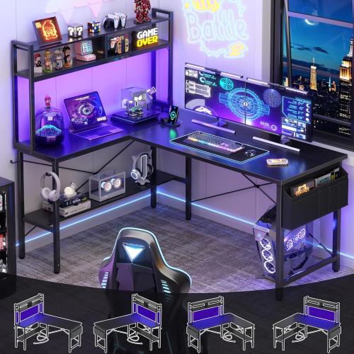 Aheaplus L Shaped Desk Gaming Desk, 59 L Shaped Computer Desk with LED Light & Power Outlet, Reversible Home Office Desk Gamer Desks with Shelves & Storage Bag & Hooks, Corner PC Desk, Black