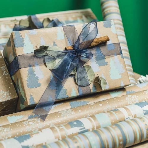 RUSPEPA Christmas Wrapping Paper, Kraft Paper - Reindeer, Stripe and Snowflakes in Blue Design - 4 Rolls - 30 inches x 10 feet per Roll