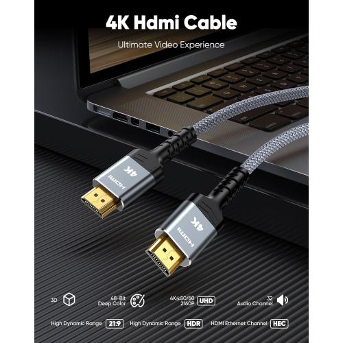 HDMI Cable 6.6 ft, Highwings 4K HDMI 2.0 Cord with High-Speed No Flickering, Nylon Braided & Gold-Plated Connectors, HDR, Ethernet, ARC, 3D, HDCP 2.2, Compatible with 4K TVs, Monitor, Streaming Device