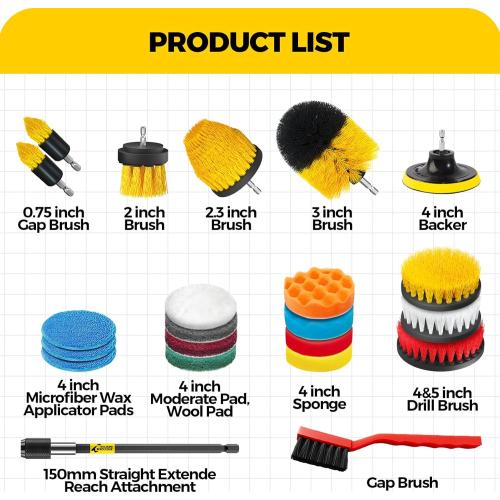 Set of 22 Holikme 22Pack Drill Brush Attachments Set,Scrub Pads & Sponge, Buffing Pads,Power Scrubber Brush,Car Polishing Pad Kit,Wax Applicator Pad,Car Cleaning Kit,Masonry Brushes,Cleaning Supplies