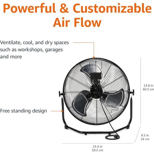 Amazon Basics 20 High Velocity Industrial Fan, Floor Fan, with 3 Speeds, Tilt Hea tod, ETL-Listed Safety Compliance, Metal Housing/Blades, Ideal for Industrial/Commercial Space/Garage/Gym, 125W, Black