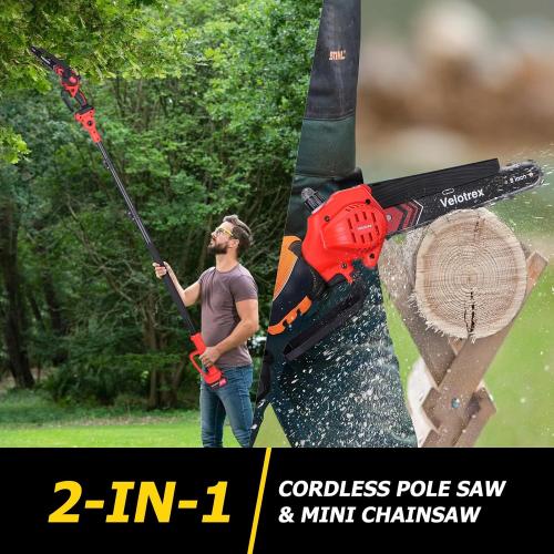 2-IN-1 Cordless Pole Saw and Mini Chainsaw, 8 Inch Electric Pole Saws for Tree Trimming, Auto Oiling, 15ft Max Extension Pole Chainsaw with 21V 4.0Ah Battery for Wood Branch Cutting