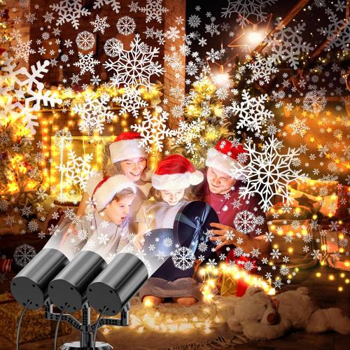 Christmas Snowflake Projector Lights Outdoor 360°Rotating Brightness Three Head Projection Lights Decor Suitable for Christmas, Indoor and Outdoor Party Decorations