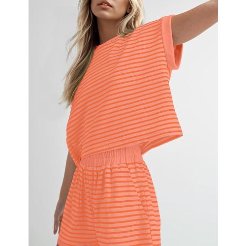 MISSACTIVER 2 Piece Lounge Set Women Stripe Knit Short Sleeve Tee Shirts Shorts Casual Summer Loungewear Shorts Sets