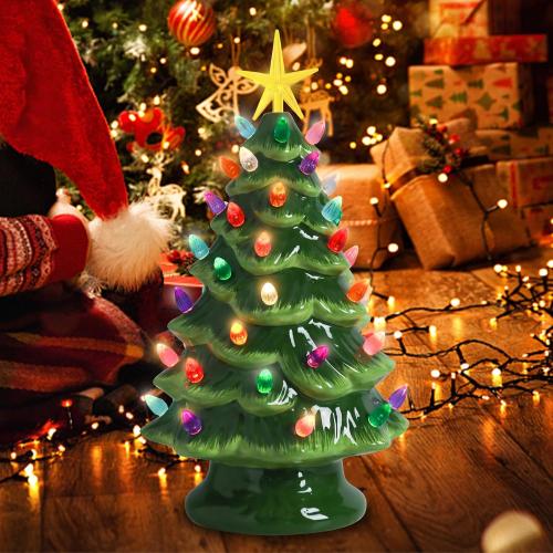 VCUTEKA Small Ceramic Christmas Tree Hand-Painted Vintage Tabletop Green Christmas Tree Holiday Decoration with Multi-Color Lights Xmas Trees 12 inch