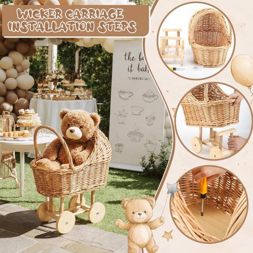 Wicker Baby Carriage for Baby Shower Vintage Wicker Stroller Woven Rattan Flower Basket Rustic Decorative Cart Storage with Handle for Floral Arrangement Wedding Photo Props(Wood Color,20 in)