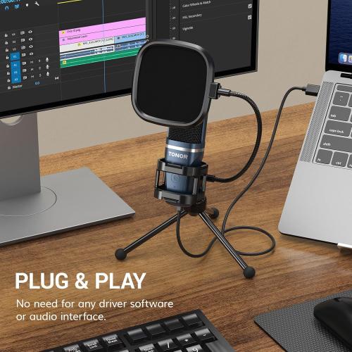 Color Blue TONOR TC-777 Podcast Microphone, USB Computer Microphone, Cardioid Condenser PC Mic with Tripod Stand and Pop Filter for Podcasting, Streaming, Vocal Recording, Compatible with PC & Laptop, PS4/5