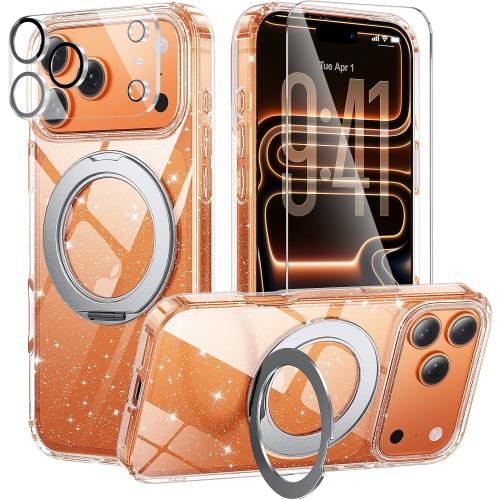 360°Ring Stand for iPhone 17 Pro Max Case，Anti-Yellowing，Clear Glitter | Includes Screen and Camera Lens Protectors*1，Fit for MagSafe, Scratch-Resistant Back Phone Case for iPhone 17 Pro Max 6.9