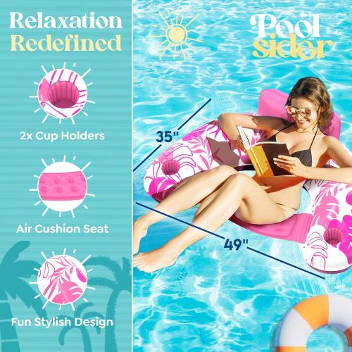 Pool Chair Floats - 2 Pack Floating Pool Chairs for Adults | Inflatable Pool Chair with Cup Holder & Armrest | Swimming Chairs for Adults | Tropical Design (Pink/Blue) Pool Float Chair - Poolsider