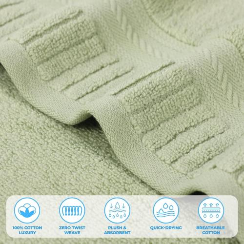 Superior Venice Zero Twist Cotton Medium Weight Bath Sheets, for Guest Bath, Bathroom, Shower, Spa, Plush Towels, Essentials, Ribbed Textured Border, Oversized Towels, Set of 4 , Green , 3 big and one small