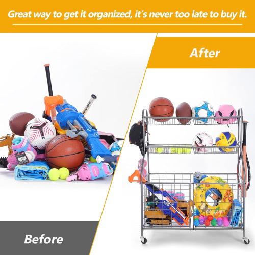 Kinghouse Rolling Sports Equipment Organizer with Wheels, Garage Ball Storage Rack for Basketball, Toys, for Garage, Indoor, Gym, Outdoo, Includes Metal Storage Bin, Bat Holder, Hooks
