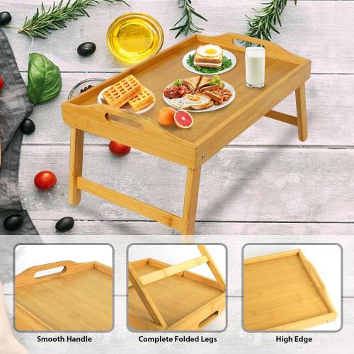 MorTime Bed Tray Table with Folding Legs, Bamboo Breakfast Tray with Handles for Bed, Sofa, Eating, Working, Foldable Laptop Desk Food Snack Tray Serving Tray