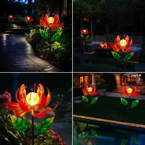 Color Red Solar Lights Outdoor Garden Decor, Solar Wind Spinner Yard Decorations for Outside, Lotus Windmill Pathway Lights with LED Cracked Crystal Ball Waterproof Flower Sculpture for Patio Lawn Garden Gifts