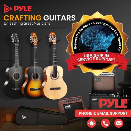 Pyle Beginner Acoustic Guitar Kit, 3/4 Junior Size All Wood Instrument with Full Accessory Kit, Picks, Shoulder Strap, Carry Case, Cleaning Cloth, Tuner App, 2 Month Lessons, 36” (Ash Gloss)
